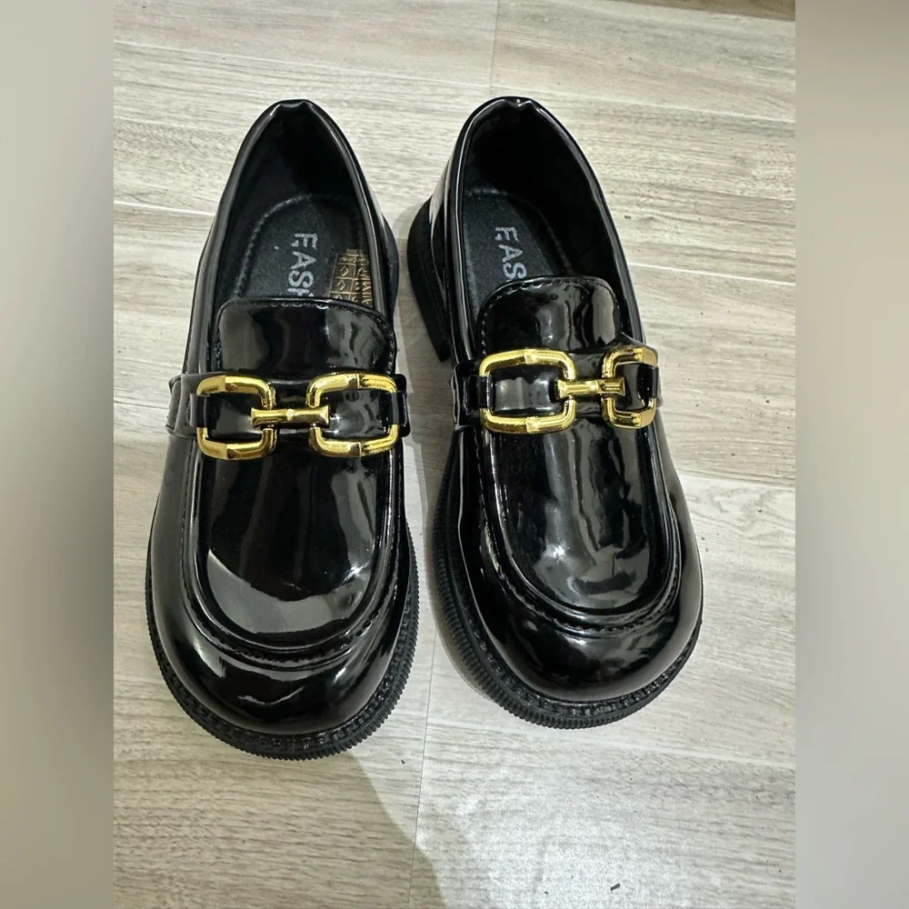 Kids Shoes -Elegant Black Loafers with‎ Gold Buckle